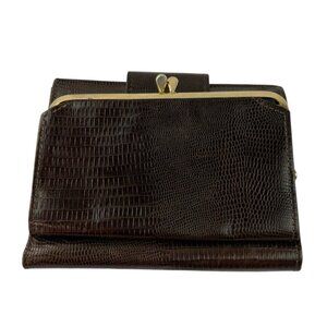 *Amity Calf Skin Wallet Bi-Fold Snap Close Brown Croc Embossed